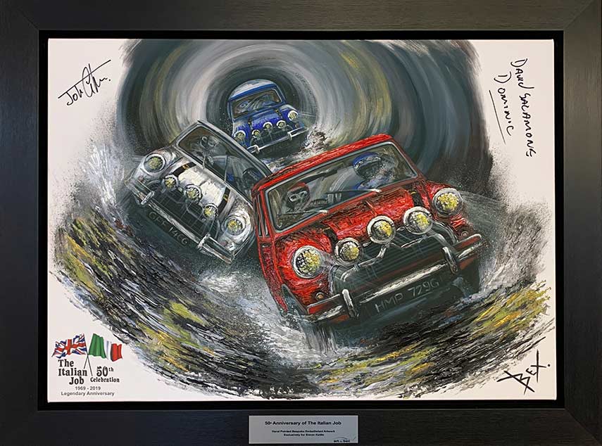 Hold on a Minute Lads These extremely limited mixed media artworks are hand painted uniquely for each art owner and limited to only 5 or 10 pieces available. Three dimensional artistic paint work together with quality print brings the canvas to life. Each artwork is individually hand signed by legends of the rally and racing world as well as being numbered and certified as part of the Exclusive Embellished Art Collection by Bex